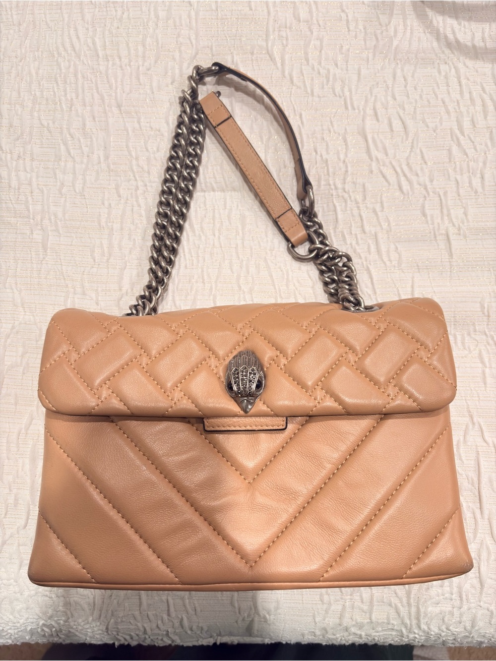 Kurt Geiger Quilted Leather Shoulder Bag in Beige-Tan with Silver Hardware